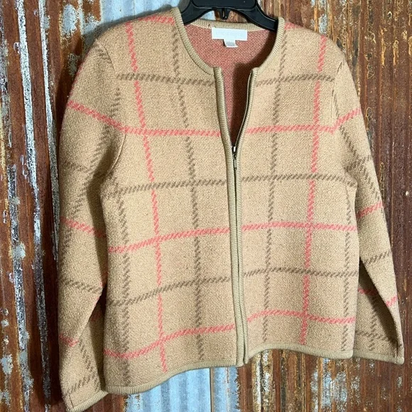 100% Wool Zip Up Plaid Jacket Petite Sophisticate Business Attire Scoop Neck - Picture 3 of 7